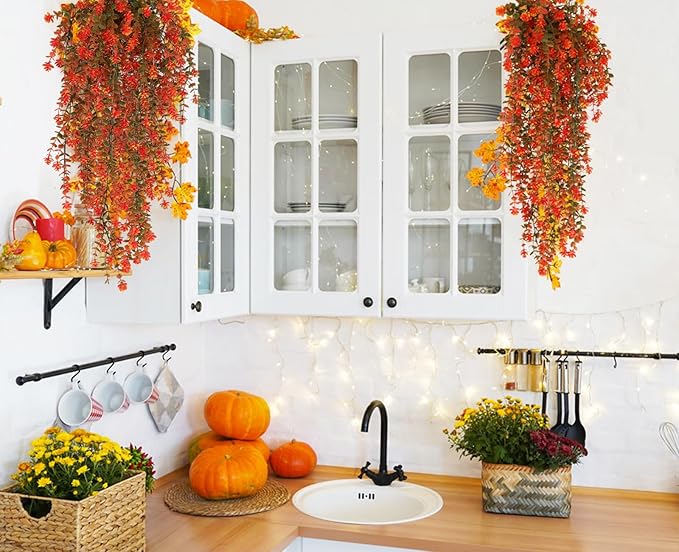 Fall Artificial Hanging Plants Artificial Fall Flowers Faux Autumn Plants Faux Hanging Plants Artificial Plants Fake Plants for for Thanksgiving Indoor Outdoor House Wedding Garden Party (Salmon)