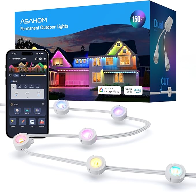 ASAHOM AI Permanent Outdoor Lights S107C, 150FT with 108 RGBCW LED Lights and Dual Output, 30,000 Lighting Effect Combination, IP67 Waterproof for House Halloween Christmas and Daily Decoration, White