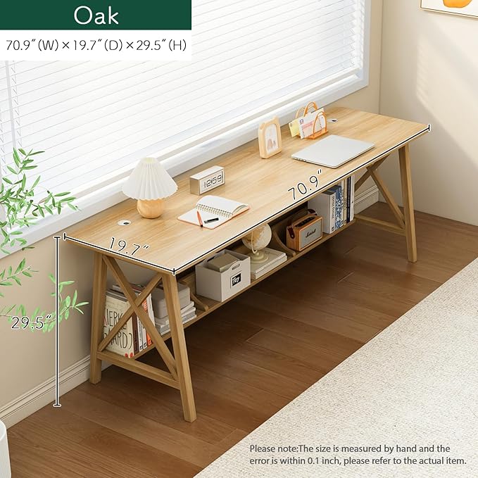 Extra Long Desk with Bookshelf - Wooden Home Office Work Study Table, 2-Person Writing Computer Workstation with Storage Shelf in Oak, 71" Wx20 Dx30 H