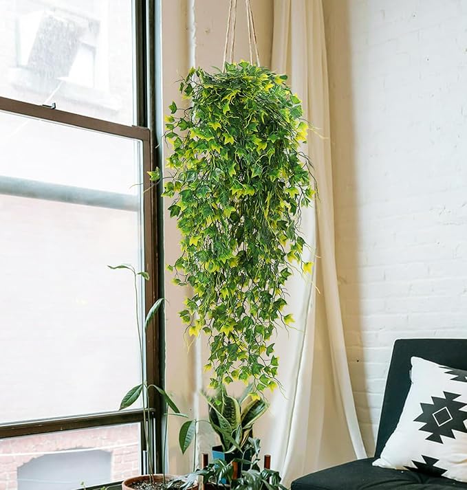 RECUTMS Artificial Plant Fake Plants Artificial Hanging Plants Faux Ivy Plant with Yellow Leaf Fake Hanging Plant Indoor Decoration House Party Garden Room Wall Decor（Yellow）