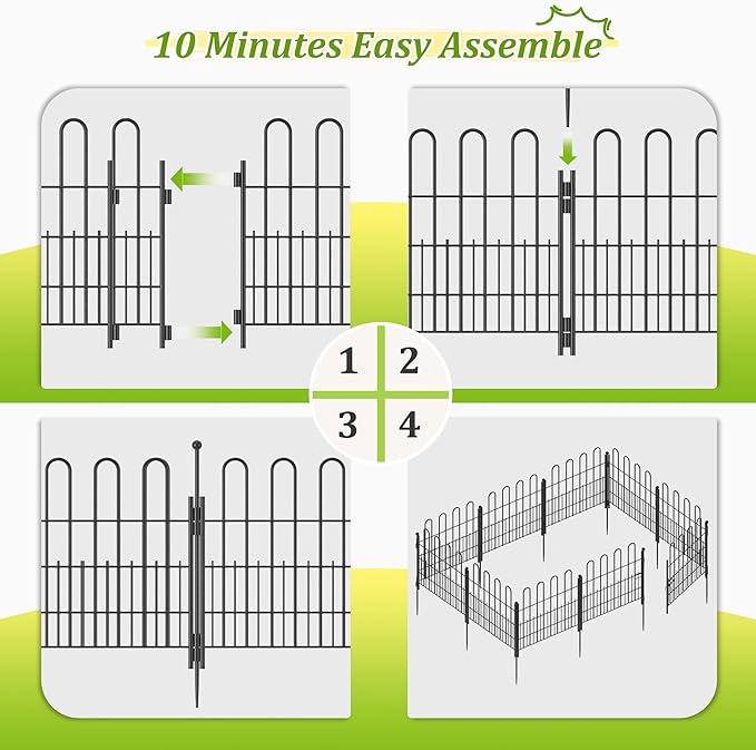 Bepatio Decorative Garden Fence Animal Barrier with Gate, 24in (H) x 20ft (L) 10 Panels Decorative Dog Fence Outdoor for Yard, Heavy Duty Rustproof Metal Fence Border, Flower Bed, Easy Setup, Black