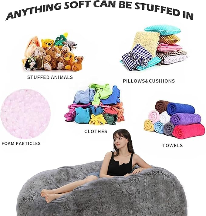 BCU Bean Bag Cover Comfy Beanbag Chair for Adults Without Filler Faux Fur Lazy Sofa Cover for Living Room Chairs, Grey, 3.5FT