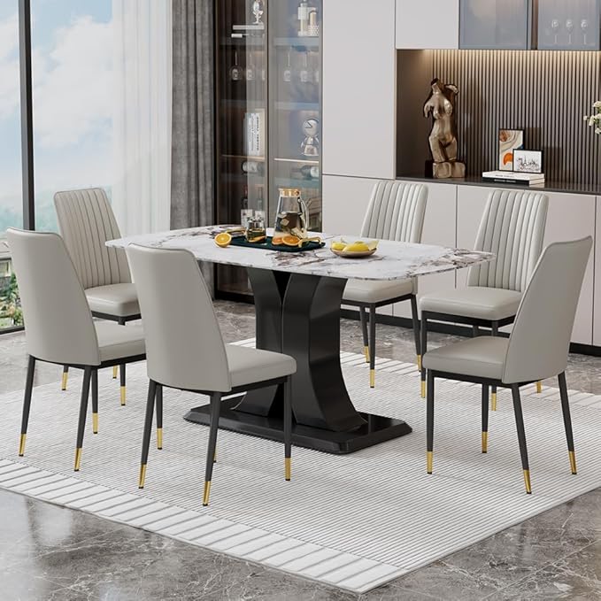 Modern Dining Table Set for 6, Marble Kitchen Table Chair Set for 6, Rectangular Kitchen Table with 6 Pu Leather Upholstered Chair for Dining Room (White with 6 Light Grey Chairs)