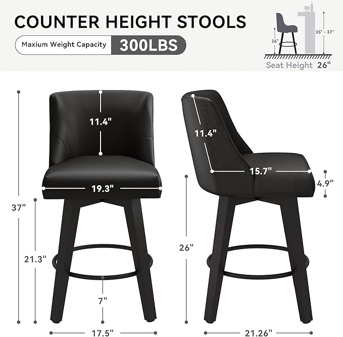 Counter Height Swivel Bar Stools Set of 6, 26 Inch Bar Stools with Footrest, Faux Leather Upholstered Barstools with Back and Solid Wood Legs for Kitchen Island, Dining Room,Pub,Black