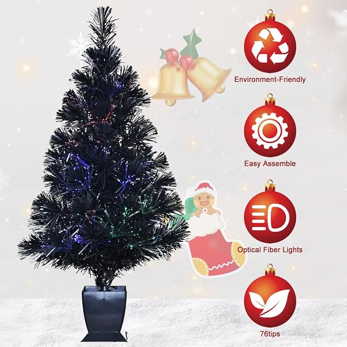 32inch Pre Lit Fiber Optic Christmas Tree,Small Christmas Tree with Lights,Mini Tabletop Christmas Trees,Starry Sky‌ Xmas Tree for Home,Office,Party Decoration,Indoor,Outdoor (Black)