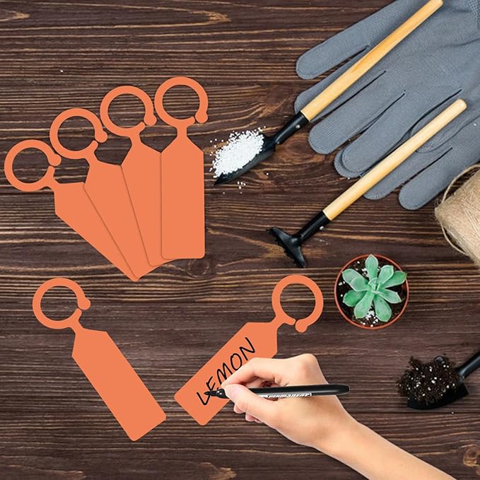 Plant Labels Yuanling 100Pcs Plastic Waterproof Plant Tree Tags Nursery Garden Markers for Indoor Outdoor Gardening Plants Vegetables Flowers Potted (Orange Color with 1 Marker Pen)