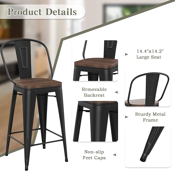 Yongqiang Barstools Set of 4 Counter Height Bar Stools for Kitchen Island Farmhouse Metal High Back Bar Chairs Wooden Seat 24" Matte Black