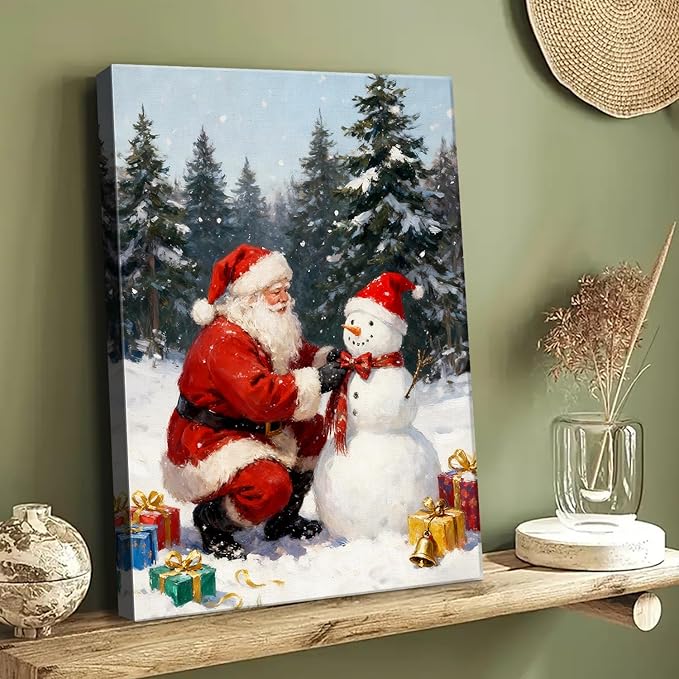 Vintage Santa Claus with Snowman Christmas Canvas Wall Art - Rustic Winter Scene Framed Print for Livingroom & Bedroom, Cozy Farmhouse Christmas Wall Art, Unique Christmas Gifts & Festive Decorations