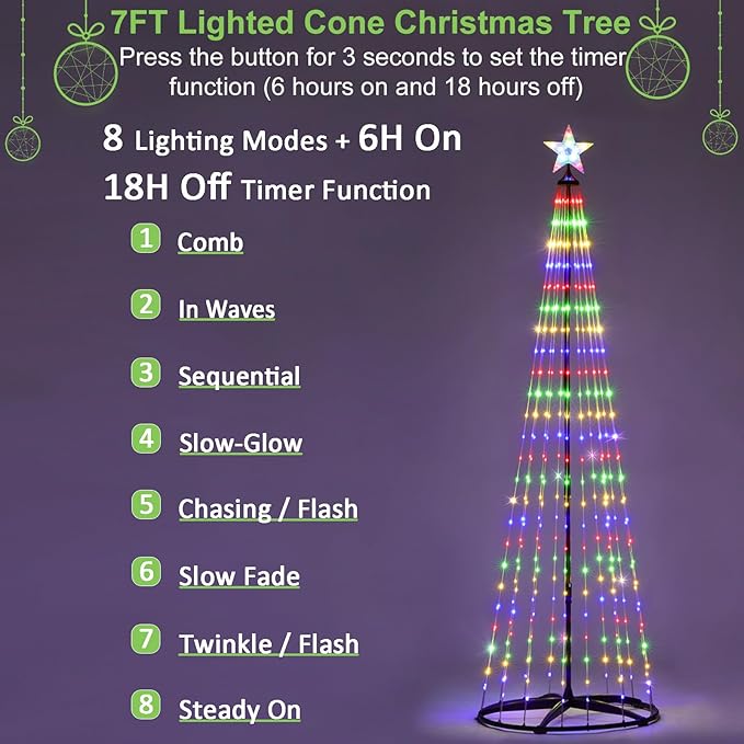 7 ft Lighted Outdoor Christmas Tree, 310 LEDs Pre-lit Christmas Cone Tree with Star Topper for Indoor and Outdoor Holiday Decorations (Multi Color)