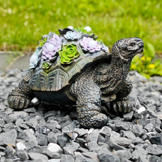 Solar-Powered Succulent Turtle Statue - Resin Garden Decor with LED Lights, Waterproof Outdoor Ornament for Patio, Yard, Lawn - Unique Housewarming Gifts