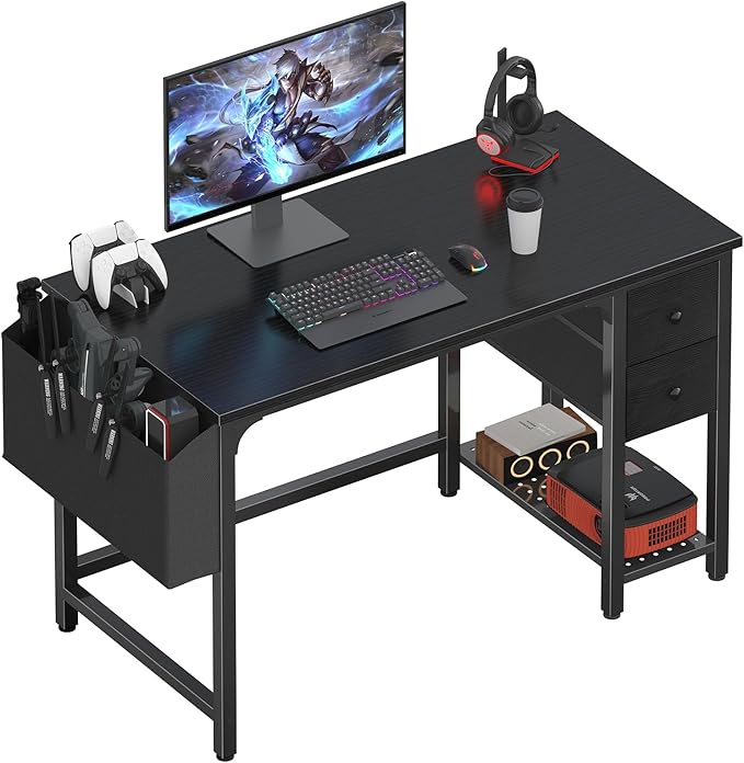Lufeiya Computer Desk with Fabric Drawers, 40 Inch Reversible Gaming Desk for Small Space Home Office, Modern Simple Study Writing Table PC Desks for Bedroom, Black