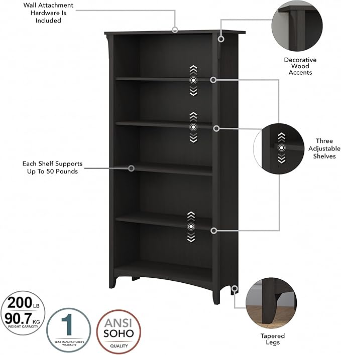 Bush Furniture Salinas 5 Shelf Bookcase In Vintage Black, Tall Bookshelf, Large Book Shelf For Living Room, Home Office, Or Entryway
