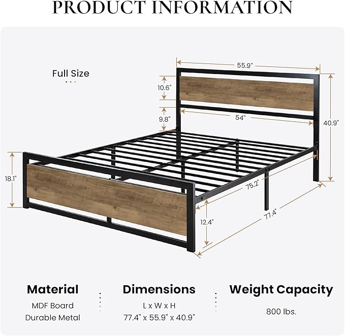 SHA CERLIN Full Size Bed Frame with Modern Headboard, Heavy Duty Platform Metal Base with Square Footboard and 13 Strong Slats Support, No Box Spring Needed, Brown