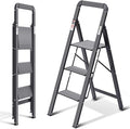 KINGRACK Aluminium 3 Step Ladder, Lightweight Step Stool with Non-Slip Pedals, Handrail, 330 LBS Foldable Step Ladder for Kitchen, Garage, Home, Space Saving, Sturdy and Portable, Black