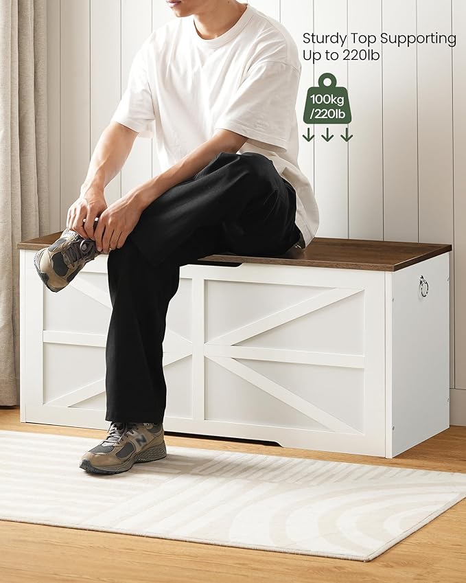 Storage Chest, 43.3" Toy Chest Storage, Farmhouse Storage Bench with Safety Hinge, Storage Trunk, for Bedroom, Living Room, Walnut and White MCW11WL