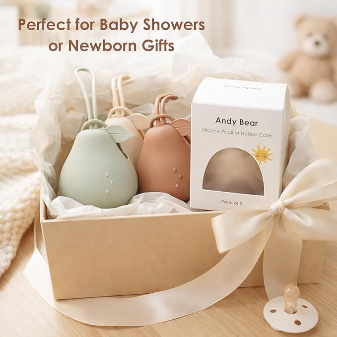Andy Bear Silicone Pacifier Holder Case, Baby Paci Storage Case Silicone, Portable Leakproof One-Piece BPA-Free Set of 3-Ivory Sage Brown
