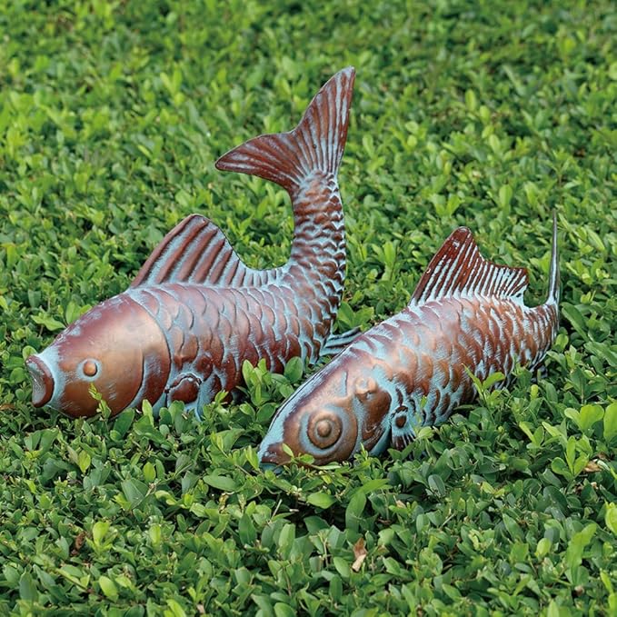 Set of 2 Koi Fish Decor Outdoor Statue Sculpture Garden Pond Fishes Yard Art Antique Copper Koi Sculptures & Statues Large Metal Koi Fish Figurine Ornaments Décor Gifts for Women Mom Grandma