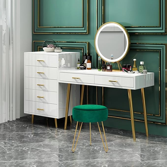 GERANT Multifunctional Vanity Stools - Velvet Round Ottoman Modern Dressing Stool -Upholstered Footrest Stool - Side Table Footstool with Golden Metal Leg for Living Room, Bedroom (Teal)