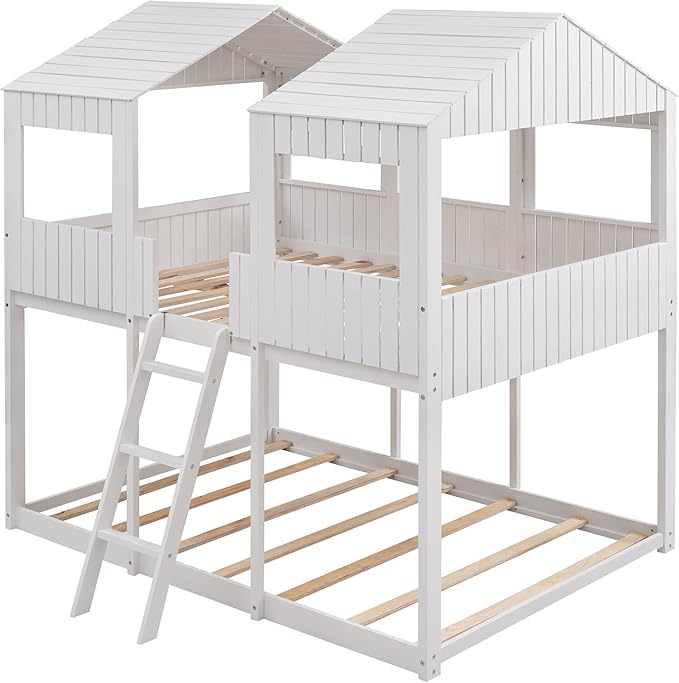 Ball & Cast Full Over Full Size Playhouse Bunk Bed with Roof and Window,Wood Bunkbed w/Full-Length Guard Rail & Ladder,Slat Support,Space Saving,Bedroom Furniture for Student Dorms,White