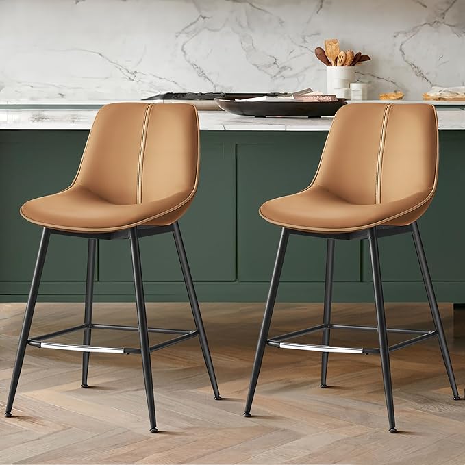 VASAGLE Bar Stools Set of 2, Counter Height Bar Stools with Back, Ergonomic Backrest, Synthetic Leather, Metal Legs, 24.4-Inch Tall Barstools for Kitchen Island Home Bar, Easy Assembly, Caramel Brown