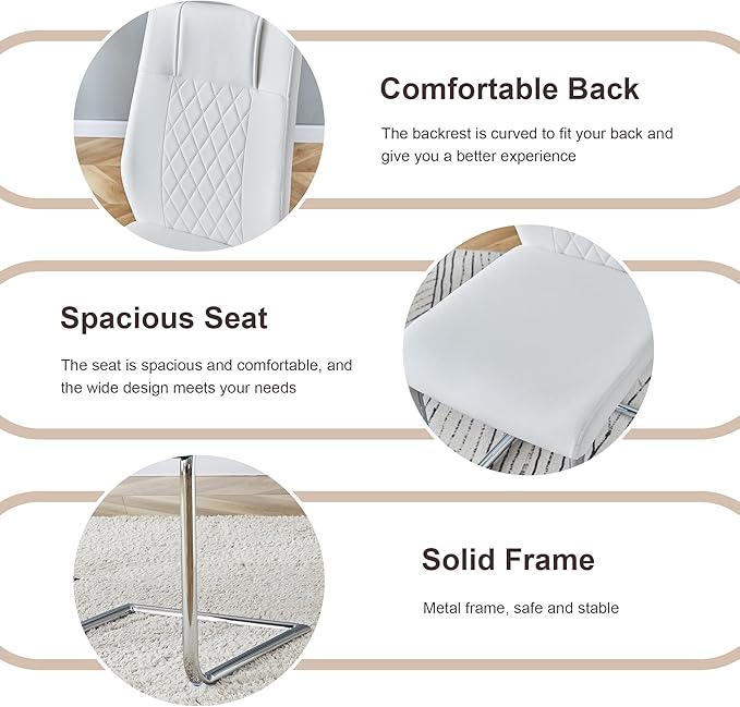 AZmac 63" Modern Dining Table Set for 4, White Dining Room Set for 4, Tempered Glass Kitchen Table and PU Leather Chairs, Marble Pattern Top with Sturdy Silver Chrome Base
