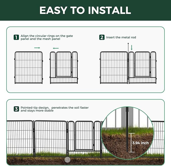 FXW Garden Fence Outdoor for The Yard – 32in(H) x 13.3ft(L) Heavy Duty Metal Animal Barrier for Dog and Rabbit, Decorative Dog Fence, 6 Panels, Black