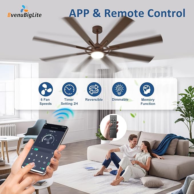 Large Ceiling Fans with Lights: Modern 72 Inch 8 Blade Outdoor Ceiling Fan with Remote APP Control - Dimmable Big Fan light Indoor Reversible 6 Speed Quiet DC Motor