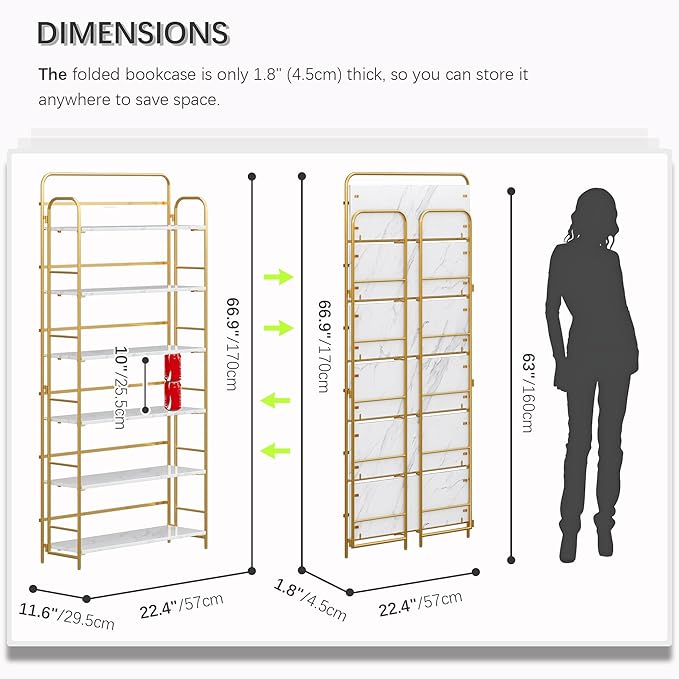 4NM No Assembly Folding Bookshelf 6 Tiers Vintage Industrial Gold Book Shelf Metal Foldable Storage Bookcase and Bookshelves for Living Room,Bedroom and Kitchen - White and Gold