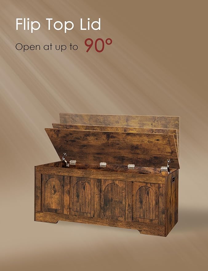 DINZI LVJ Storage Chest, 47.2”Wooden Storage Box with 2 Safety Hinges, Entryway Shoe Bench with Flip-Top, Large Trunk for Living Room, Bedroom, Easy Assembly, Rustic Brown