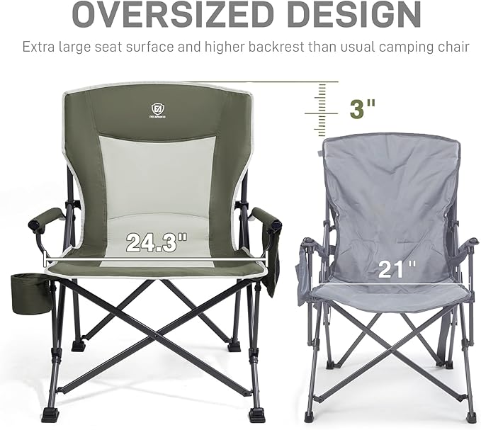 EVER ADVANCED Oversized Folding Camping Chair, for Adults Heavy Duty Lawn Chair with Side Pockets, Portable Collapsible Quad Chair for Outside, Support Up to 500lbs, Green