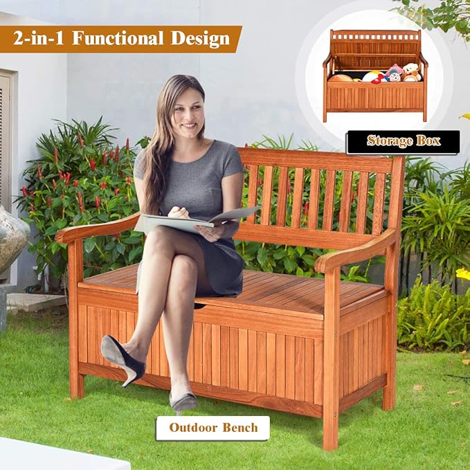 Tangkula Outdoor Wood Storage Bench Deck Box, Entryway Porch Storage Bench with Inner Removable Dust-Proof Lining & Portable Handles, Eucalyptus Wood Loveseat for Garden, Lawn, Balcony & Yard