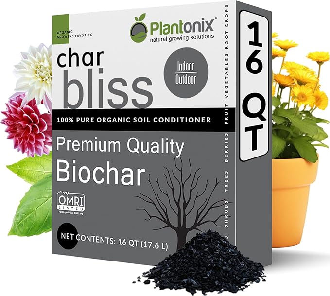 Char Bliss (16 Qts) - Organic Biochar for Plants - OMRI-Listed Biochar Soil Amendment Organic - Bio Char for Plants - Horticultural Charcoal for Plants, Potting Soil, Garden Soil, & Potting Mixes