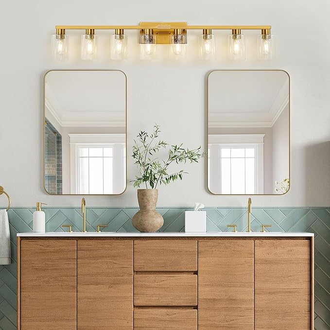 8 Light Gold Bathroom Light Fixtures, Modern Large Vanity Lights with Clear Glass Shade, Brushed Brass Bathroom Lighting Fixtures Over Mirror, Wall Scones Light for Bedroom, Living Room