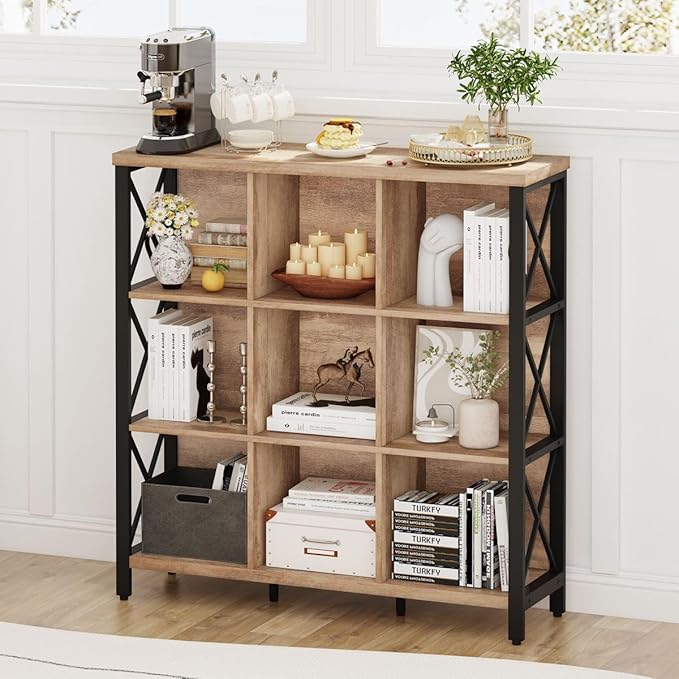 FATORRI 9 Cube Storage Bookshelf, 4 Shelf Book Shelf, Farmhouse Wood and Metal Cubby Bookcase for Home Office Kitchen (39.37 Inch W, Rustic Oak)
