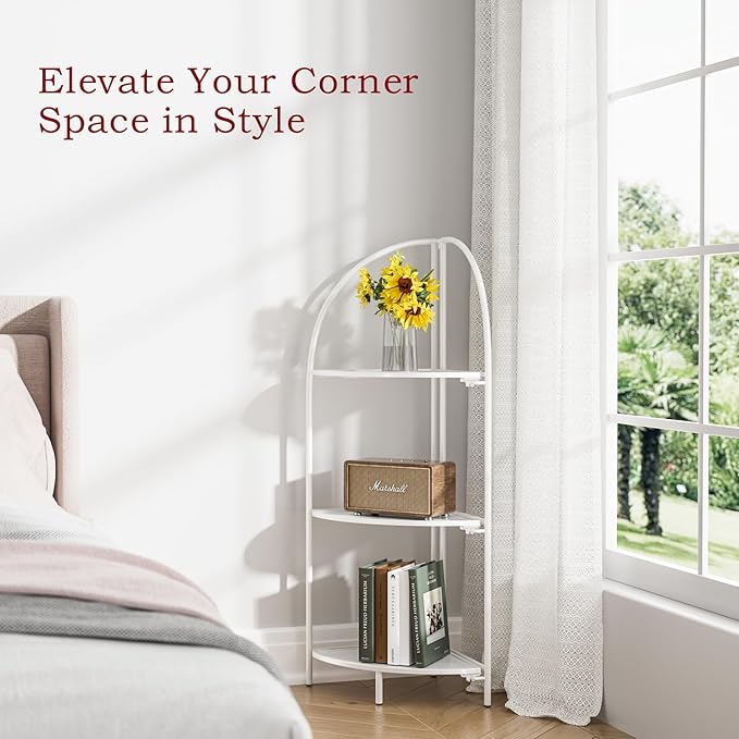 Crofy Foldable 3 Tier Corner Shelf, Metal Corner Plant Stand with White Frame and White Shelves, Corner Display Rack Multipurpose Shelving Unit for Living Room, Bedroom, Bathroom