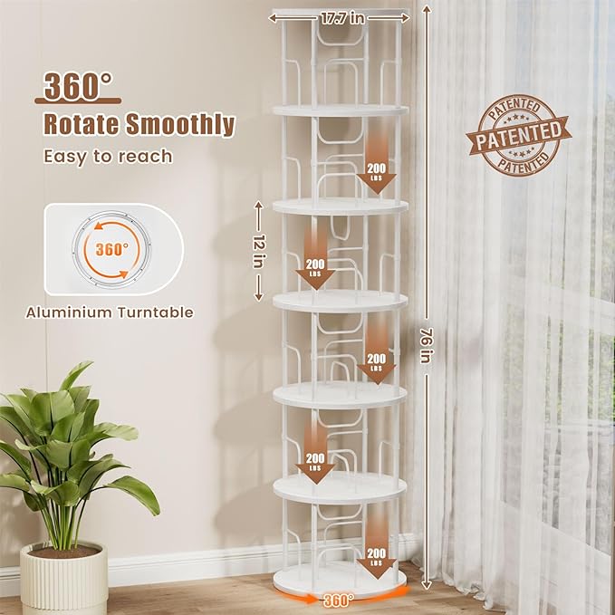 6 Tier Rotating Bookshelf, 360 ° Display Stackable Spinning Bookshelf Tower, Corner Bookshelf Tall Floor Standing Swivel Bookcase Narrow Storage Organizer for Bedroom, Living Room, White