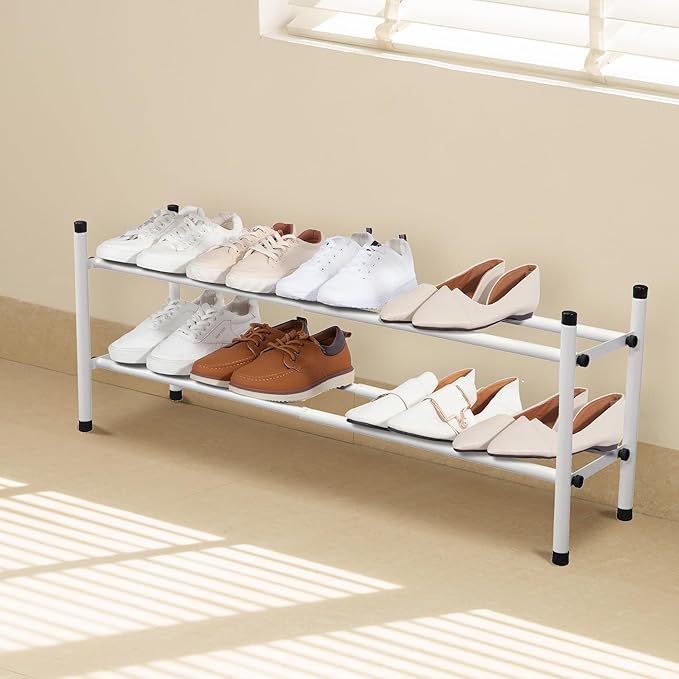 STORAGE MANIAC Expandable Shoe Rack, 8 Pairs Stackable Small Shoe Rack, Metal Adjustable Shoes Organizer for Closet, Entryway, Hallway, Garage, Front Door, Shoes Shelves, White 2 Tier