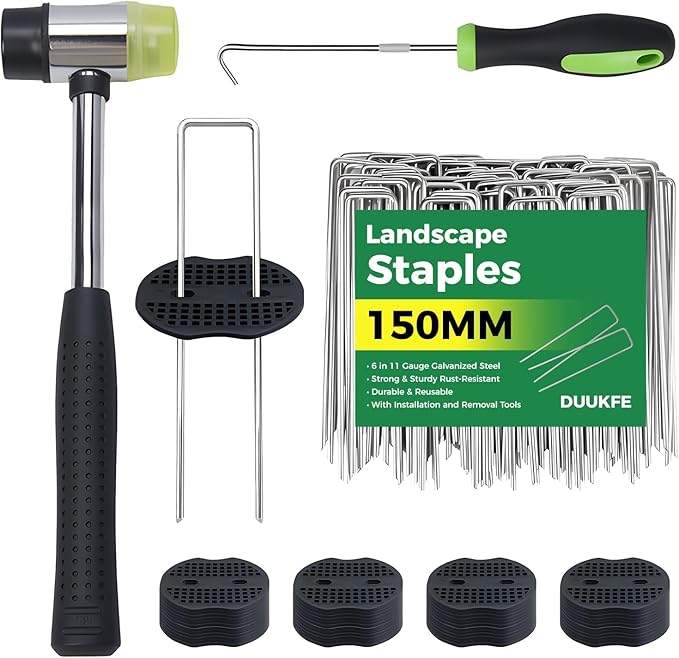 150Pcs Landscape Fabric Pins+150Pcs Gasket+Pick Hook+Rubber Mallet, 6 Inch Landscape Fabric Staples 11 Gauge U Shaped Galvanized Landscape Pins Yard Ground Pin for Weed Barrier Sod Fabric Decoration