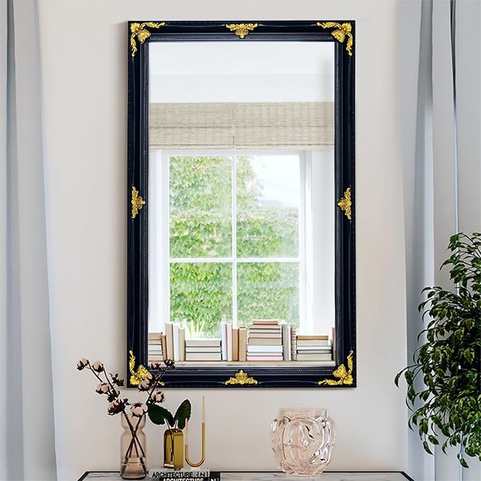 Vintage Mirror Wall Decor, 31" x 19" Black and Gold Decorative Antique Mirror with Ornate Baroque Wood Frame for Bathroom, Entryway, Living Room Over Couch
