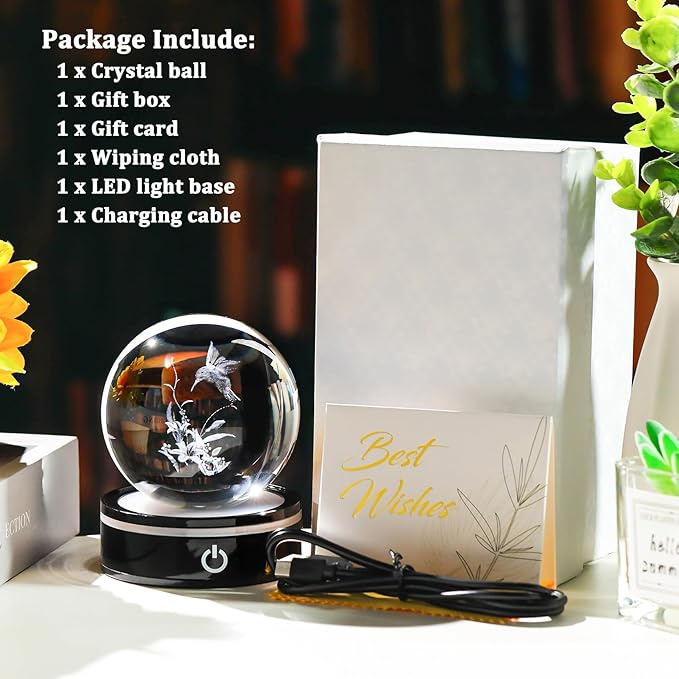 YWHL 3D Hummingbird Figurine Crystal Ball with Light Base, Hummingbird Gifts for Women Men on Christmas Birthday, 3D Laser Engraved Hummingbird Ornament Glass Decorative Ball for Home Office (80mm)