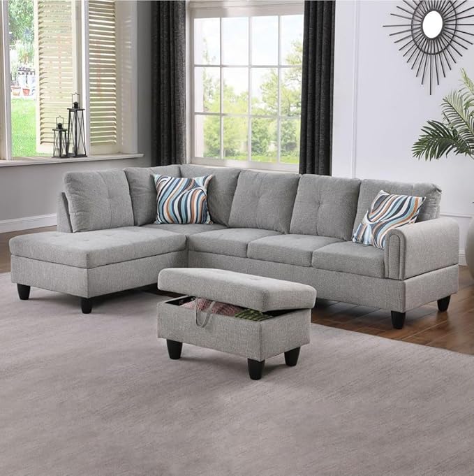 Grey-2 L-Shaped 3-Piece Linen Sofa with Storage Ottoman Set, Sectional Couch Sofa Set for Living Room, Office, Small Space
