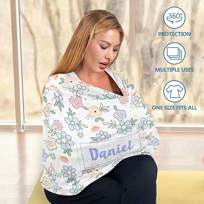 Personalized Baby Car Seat Cover for Babies, Custom Name Baby Car Seats Canopy for Girls, Nursing Breastfeeding Stroller Covers for Infant Newborn, Shower Gift for Baby (Floral Flower)
