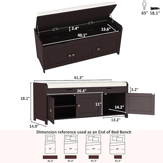 HOMEFORT 41.3" Shoe Bench with Lift Top Storage, Entryway Bench with Cushioned Seat, Wooden End of Bed Bench, Shoe Cabinet Bench with Hidden Storage Space, for Bedroom, Hallway,Espresso