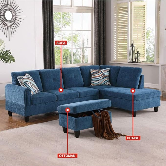 Blue L-Shaped 3-Piece Flannel Sofa with Storage Ottoman Set, Sectional Couch Sofa Set for Living Room, Office, Small Space