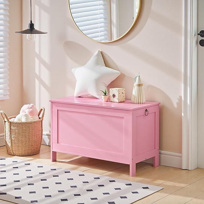 HOOBRO Toy Box, Retro Wooden Look Storage Chest with Safety Hinge, Entryway Storage Bench Supports 220 lb, 29.9 x 15.7 x 18.9 Inches Toy Chest Organizer, Easy Assembly (Pink) PK75CW01G1