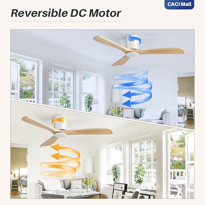 CACI Mall 52 Inch Smart Ceiling Fan without Light, Flush Mount, 3 Blades Solid Wood, Low Profile, Modern, Outdoor/Indoor Ceiling Fans No Light for Bedroom/Farmhouse/Patio
