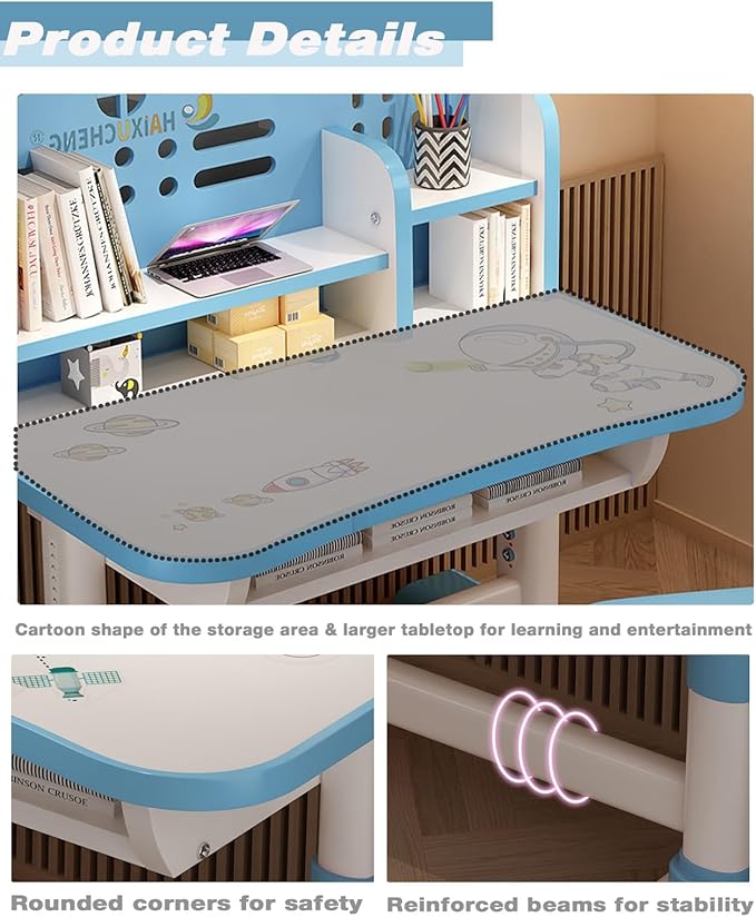 Kids' Table Chair Sets, Kids' Desks Chair, Children Study Desk Writing Table Computer Workstation With Large Storage Drawer And Bookshelf, Height Adjustable Kids Bedroom Furniture ( Color : Blue )
