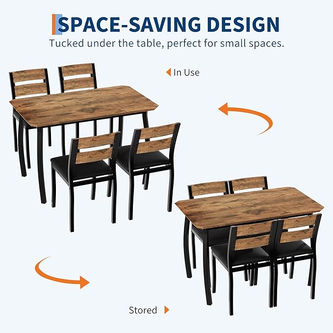 GAOMON 5 Piece Dining Table Set for 4, Space-Saving Kitchen Table with Upholstered Chairs, Modern Angled Corner Design, Compact Dinner Set for Small Spaces, Apartment, Dining Room, Retro Brown