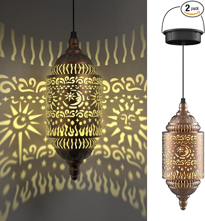 Moroccan Hanging Solar Lights Outdoor Garden Decor Sun and Moon Decorations Solar Lantern Waterproof for Patio Pathway Yard Backyard Garden Decorative (Cylinder, 2)