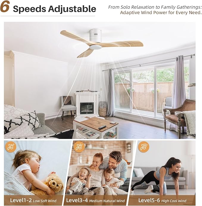 CACI Mall 52 Inch Solid Wood Ceiling Fan without Light, Flush Mount, 3 Blade, Low Profile, Modern, Outdoor/Indoor Ceiling Fans No Light for Bedroom/Farmhouse/Patio